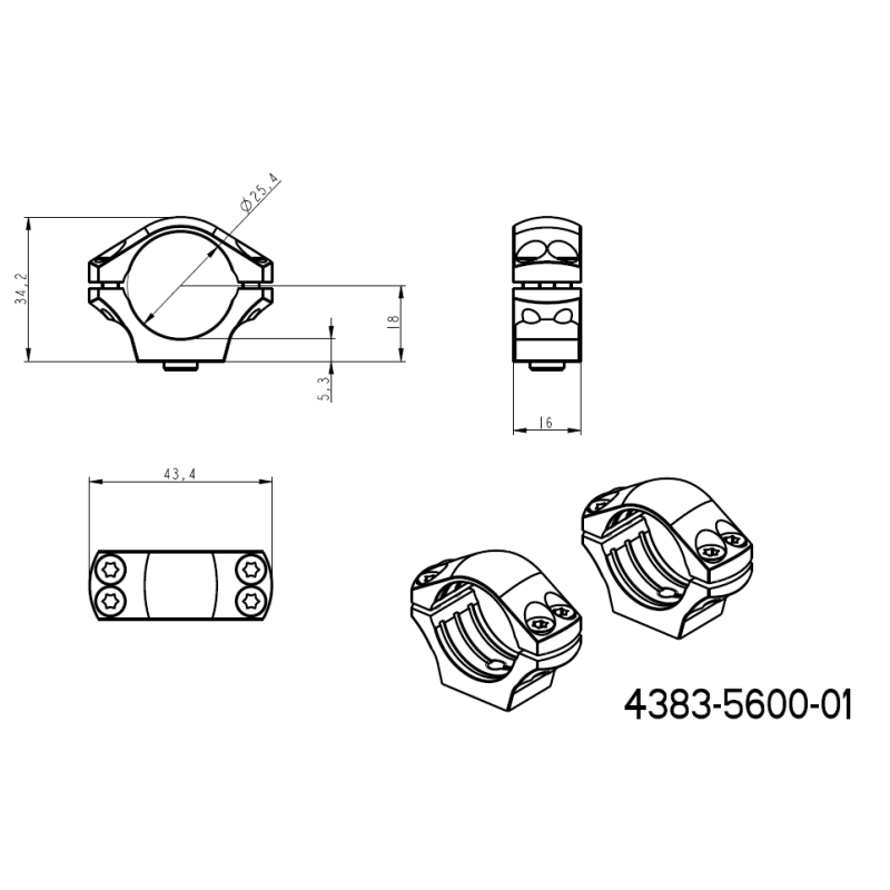 1 tum kikarsiktesfäste [25,4mm] | lång Picatinny QD-bas 