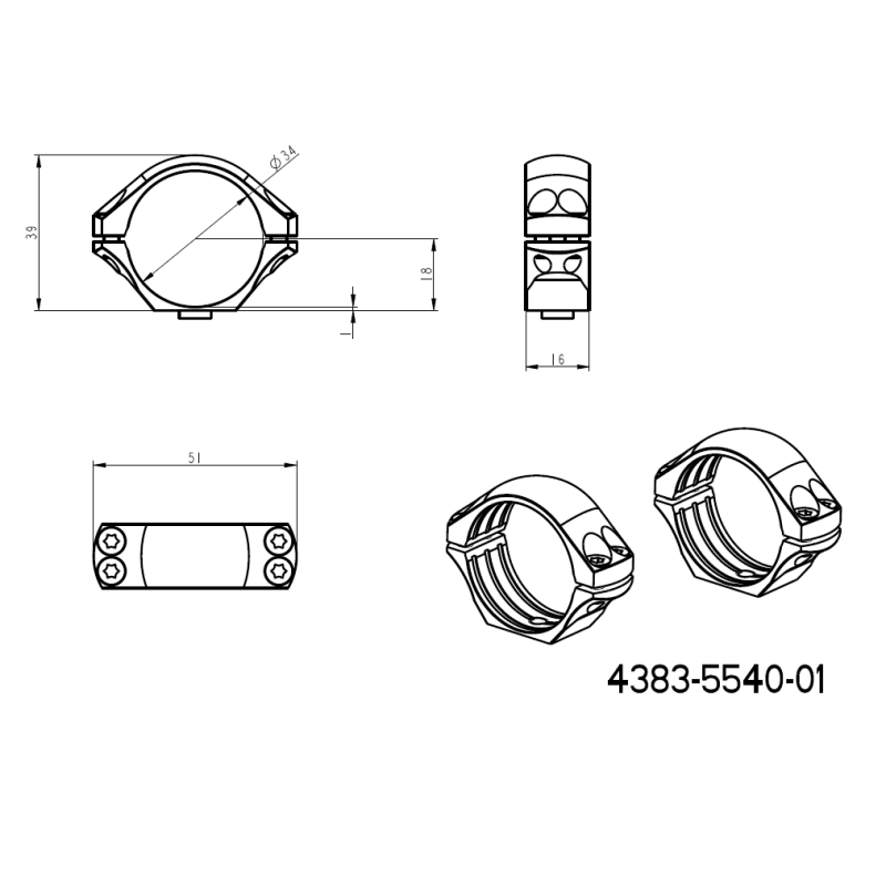 34mm kikarsiktesfäste | enstycksbasis med QD-spakar 