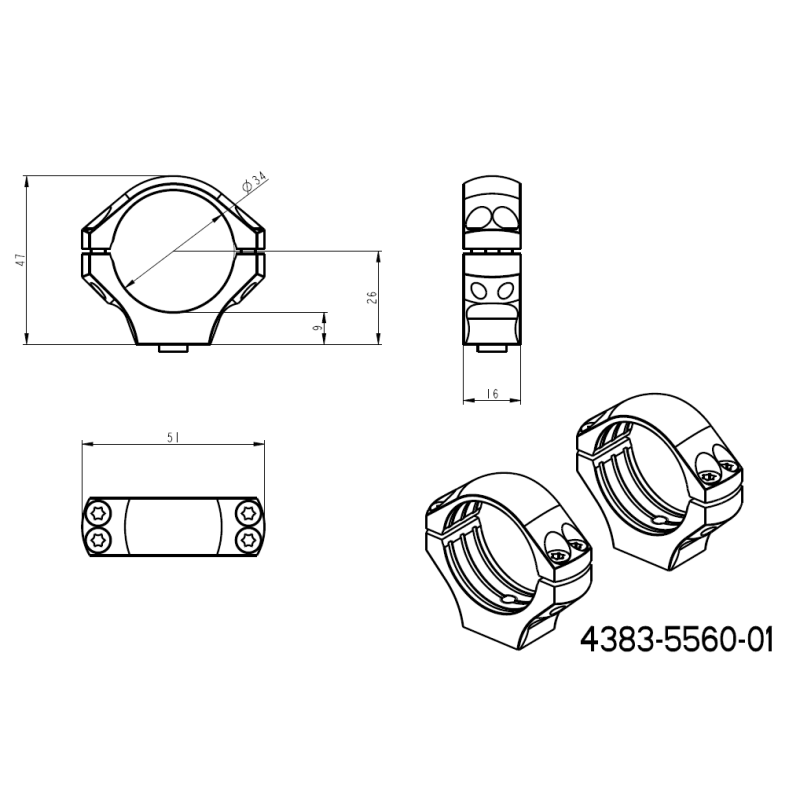 34mm kikarsiktesfäste | enstycksbasis med QD-spakar 